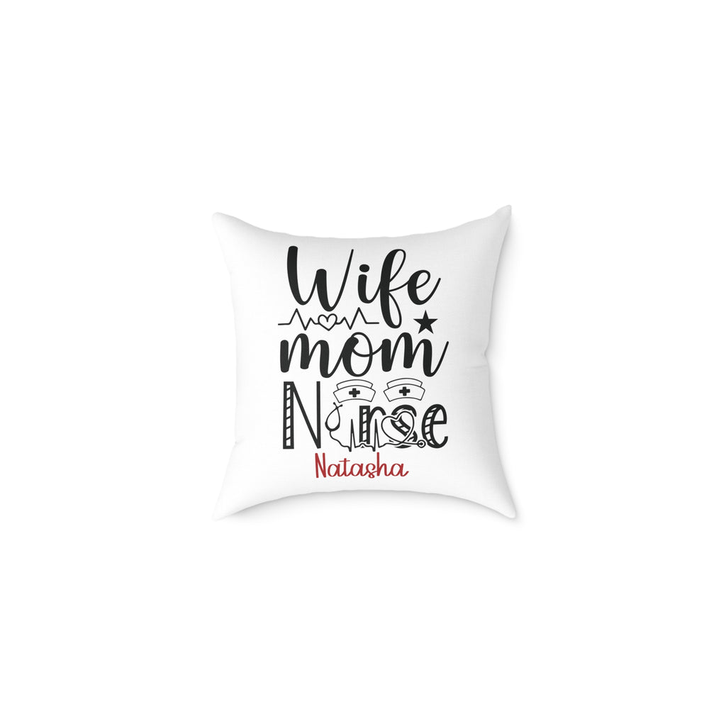 Personalized Wife Mom Nurse throw pillow with custom name in red on white canvas