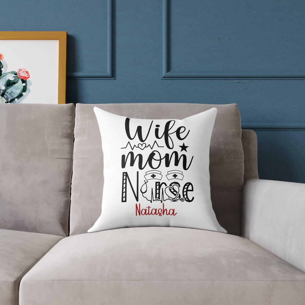 Close-up of black hand-lettered Wife Mom Nurse design with personalized name